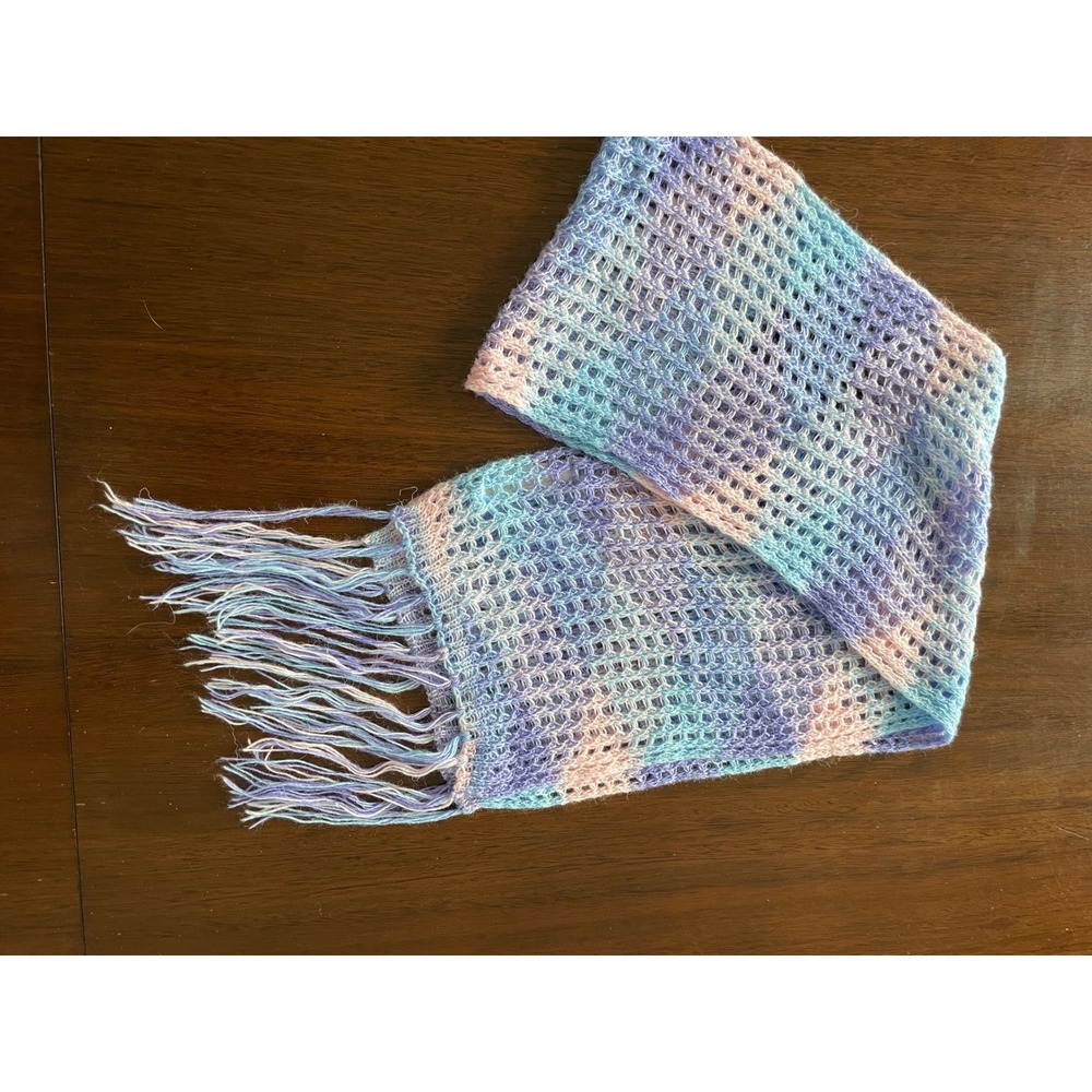 Alpaca Genuino Scarf Womens OS Pastel Blue Purple Mesh Knit Fringe Peruvian Boho